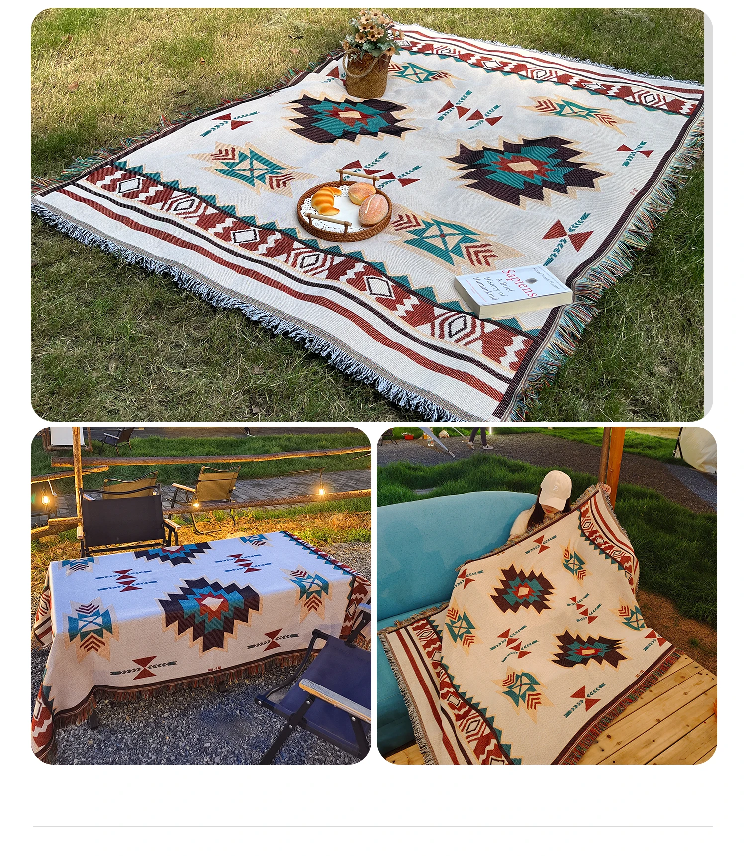 بطانية أزتيك - بطانية بوهو كبيرة الحجم مع هدب - الصورة 11