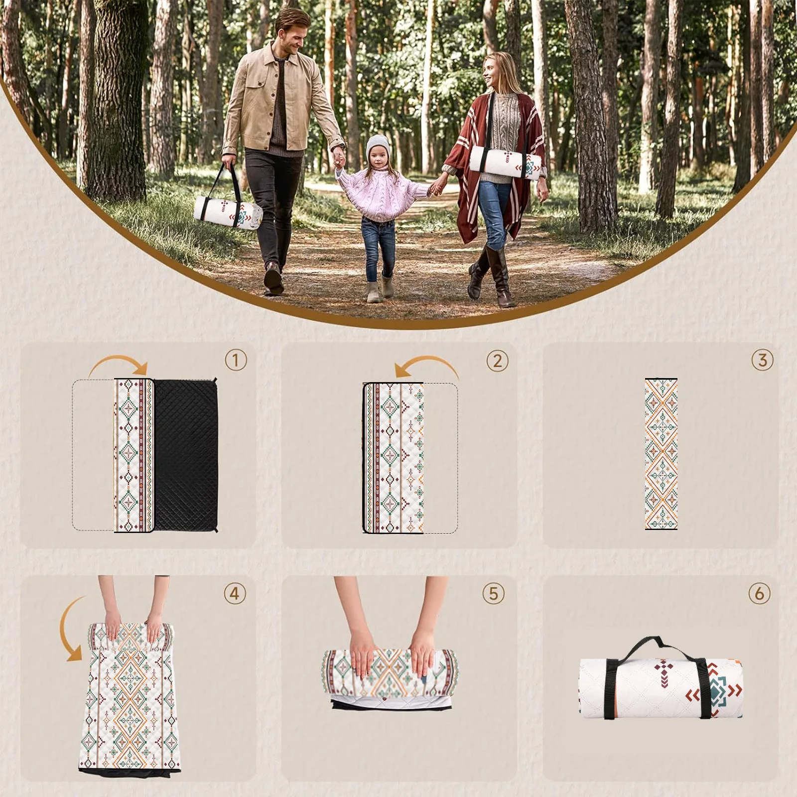 بطانة نزهة مقاومة للماء 200x200 سم كبيرة مع مقبض حمل للتخييم والشاطئ - الصورة 3