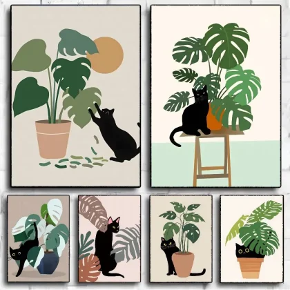 ملصقات جدارية جمالية - رسومات قطط ونباتات للديكور