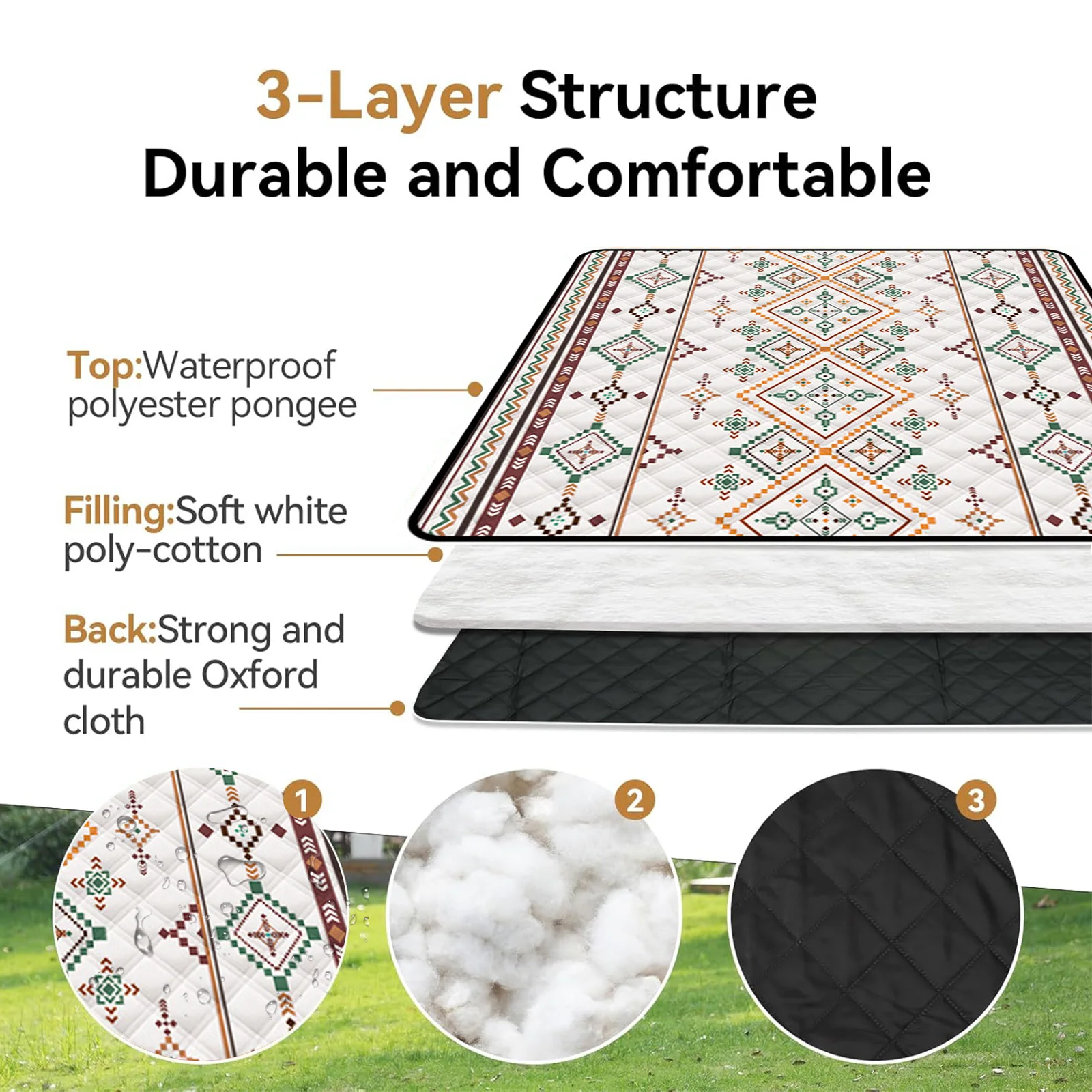 بطانة نزهة مقاومة للماء 200x200 سم كبيرة مع مقبض حمل للتخييم والشاطئ - الصورة 5